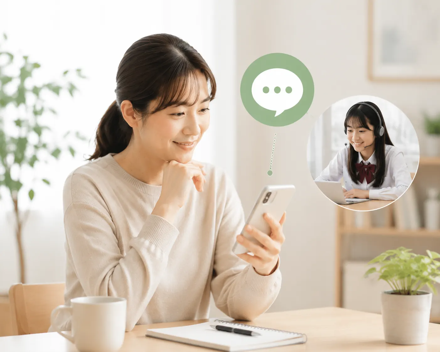 スマートフォンでメッセージを送る母親と、オンラインで学習する中学生の様子
