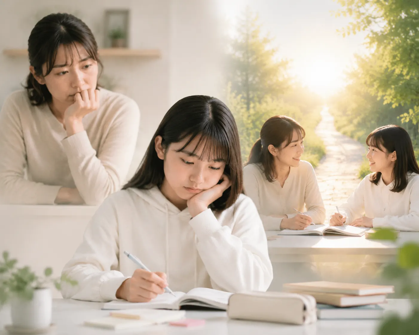 うつむいて勉強する子どもと見守る母親から、光の差す道で笑顔で向き合う親子へと移り変わる様子