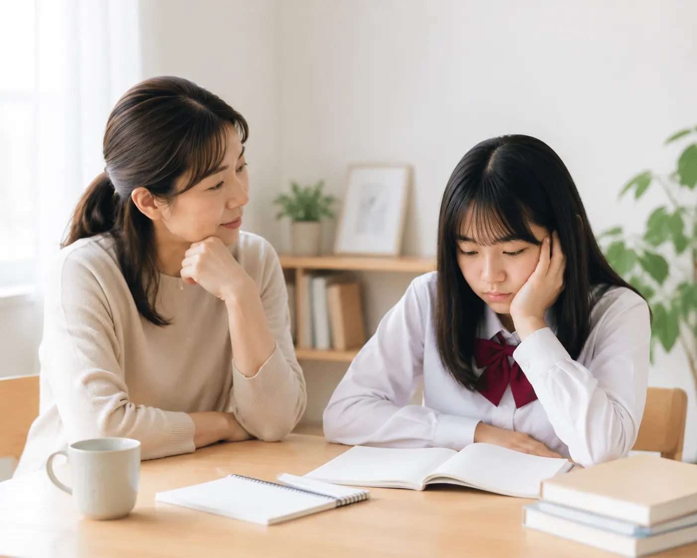 食卓で並んで座り、開いたノートを前に静かに話す母親と中学生の子ども