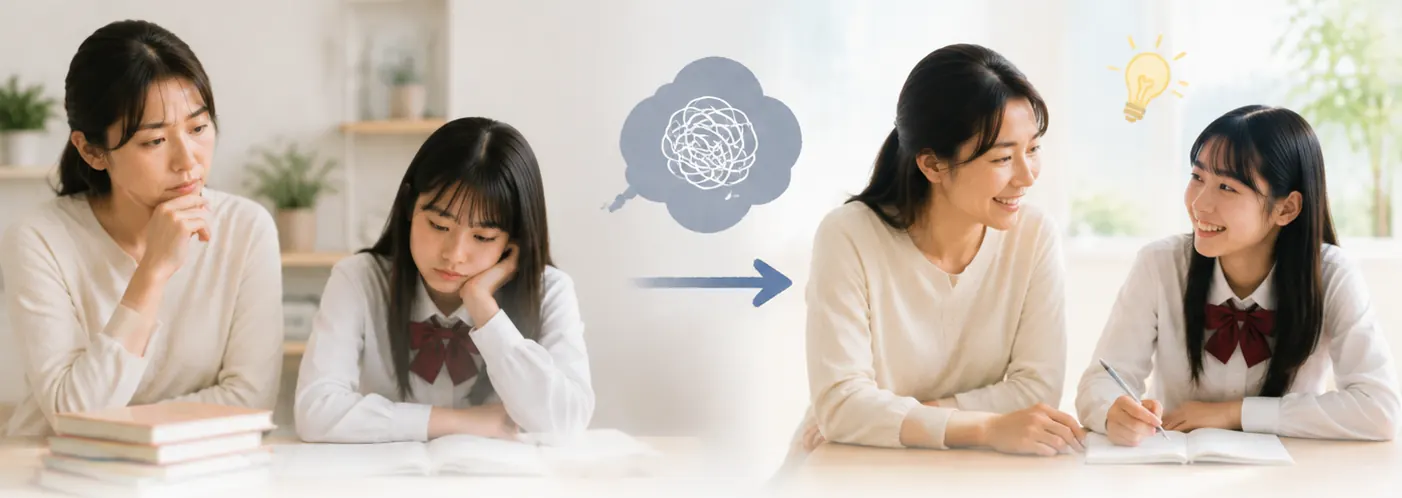 もやもやを抱えた親子が、対話を通して笑顔で一緒に学ぶ姿へ変わっていく様子